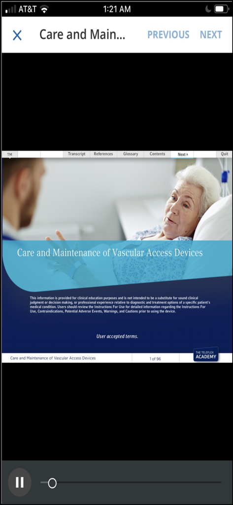 Teleflex Academy app clinical education module on the care and maintenance of vascular access devices showing an instructor and a patient