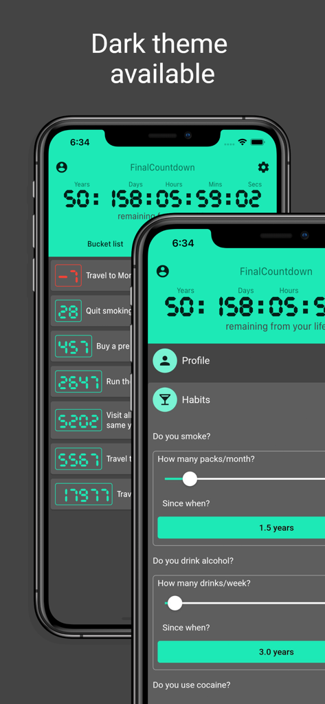 FinalCountdown Bucket List App - FinalCountdown app showing a death countdown timer bucket list items and habit tracking sliders in dark mode theme