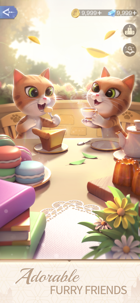 Time Princess: Pearl Girl - Dois gatos ruivos fofos renderizados em 3D tomando chá com macarons e bolo em um cenário ensolarado ao ar livre.