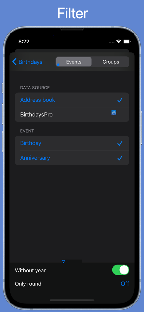 Filter screen in the BirthdaysPro HD app showing options for data source and event types