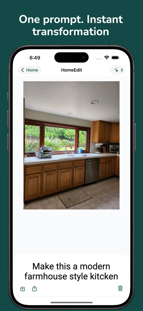Screenshot of HomeEdit app showing a kitchen photo with a text prompt for modern farmhouse style.