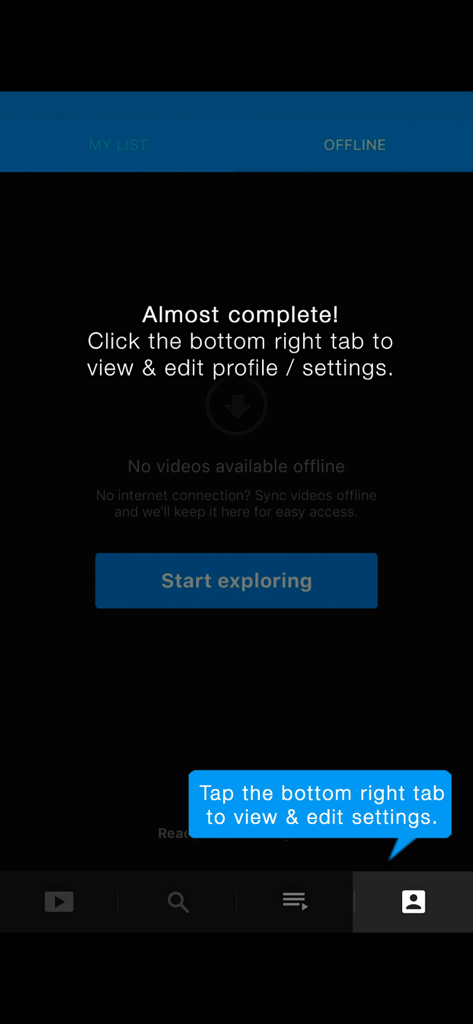 Nature Relaxation On-Demand app onboarding screen with a tooltip pointing to the profile settings tab