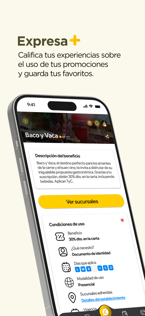 Club El Comercio - Pantalla de la aplicación Club El Comercio mostrando detalles de descuento en restaurantes y la función de calificación de experiencias