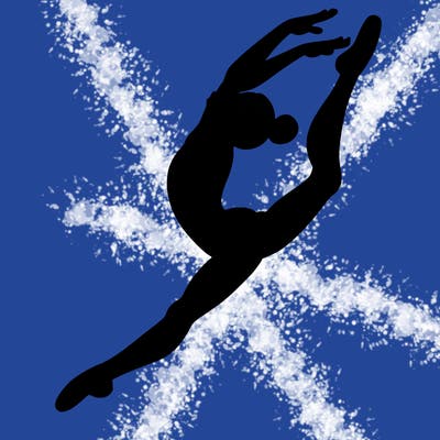 gymnast doing a leap in a leotard with a bent back leg