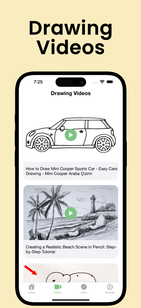Learn Drawing Offline: Artify - L'interfaccia dell'app Artify mostra una raccolta di tutorial video di disegno, tra cui un'auto e una scena balneare
