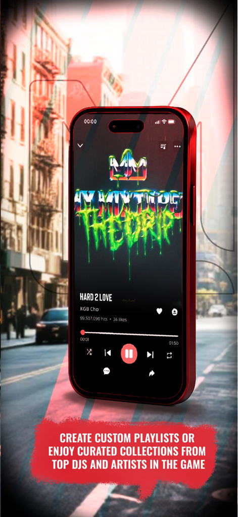 MyMixtapez mobile music player interface showing a hip hop track and custom playlist features