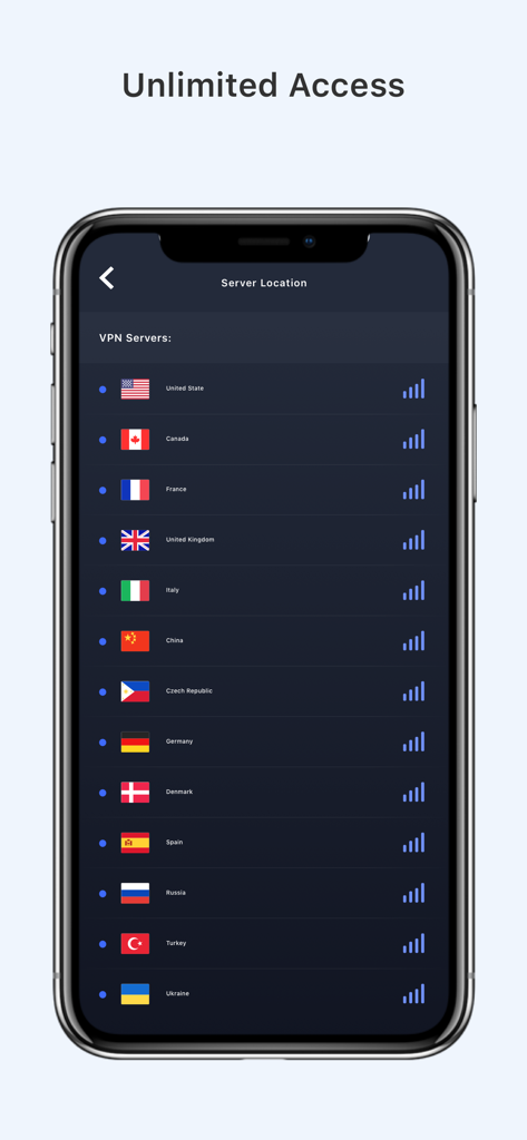 Interface showing a list of global VPN server locations including the United States, Canada, and United Kingdom