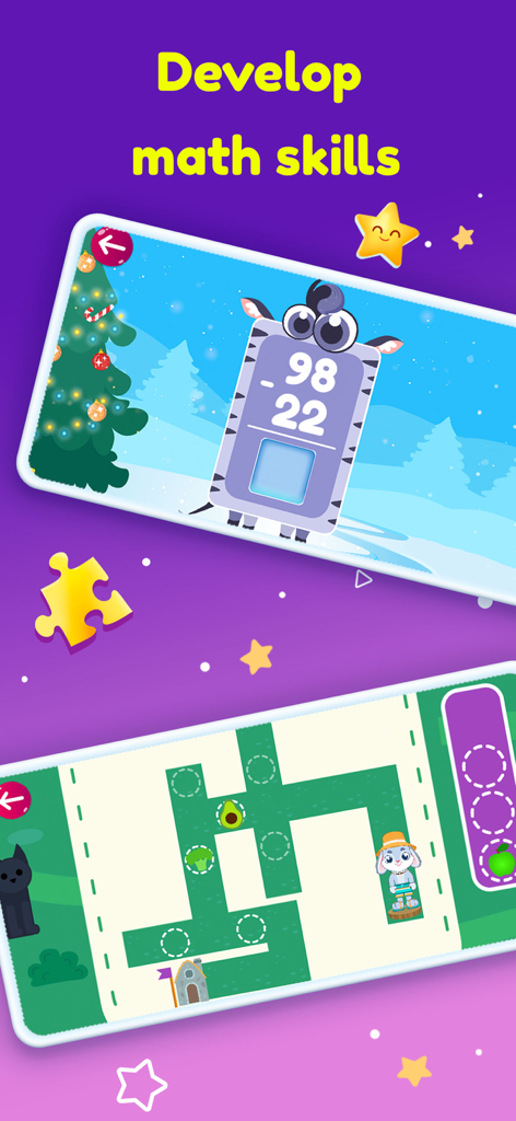 Learn Numbers: Math Kids Games - Binky Math educational app screens showing a subtraction challenge and a character maze game for kids