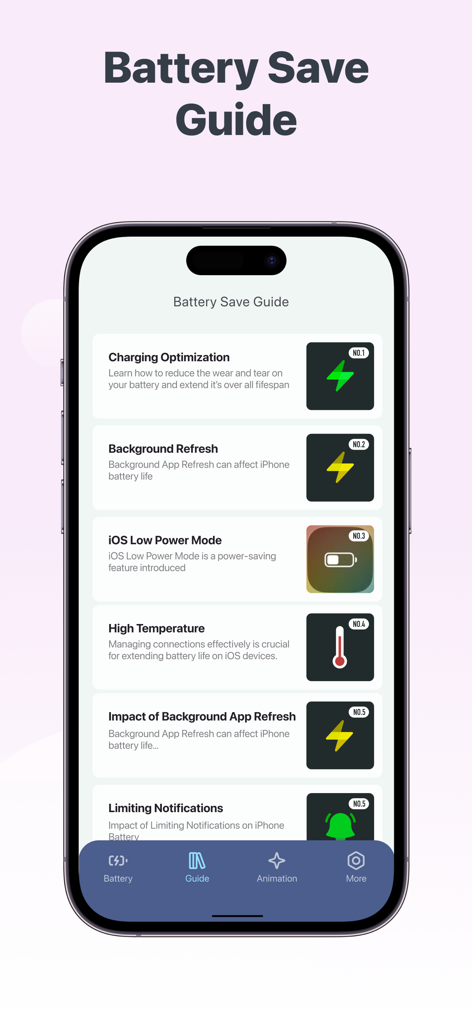 Live Wallpaper: Charging App - Pantalla de la aplicación de iPhone que muestra una guía de ahorro de batería con consejos para la optimización de la carga y la actualización en segundo plano.