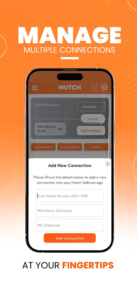 Captura de tela móvel do Hutch App mostrando o recurso de Gerenciar Múltiplas Conexões e um pop-up de Adicionar Nova Conexão.