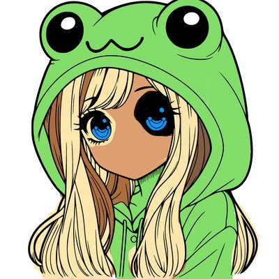 a pretty girl wearing a frog hoodie portrait with long hair