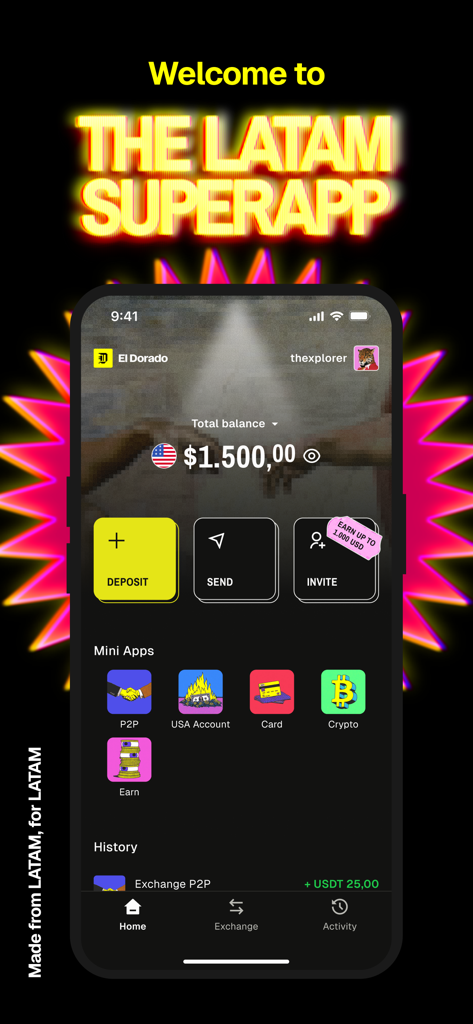 Startbildschirm der El Dorado App, der ein Guthaben auf einem digitalen Dollar-Konto und finanzielle Mini-Apps für den lateinamerikanischen Markt anzeigt.