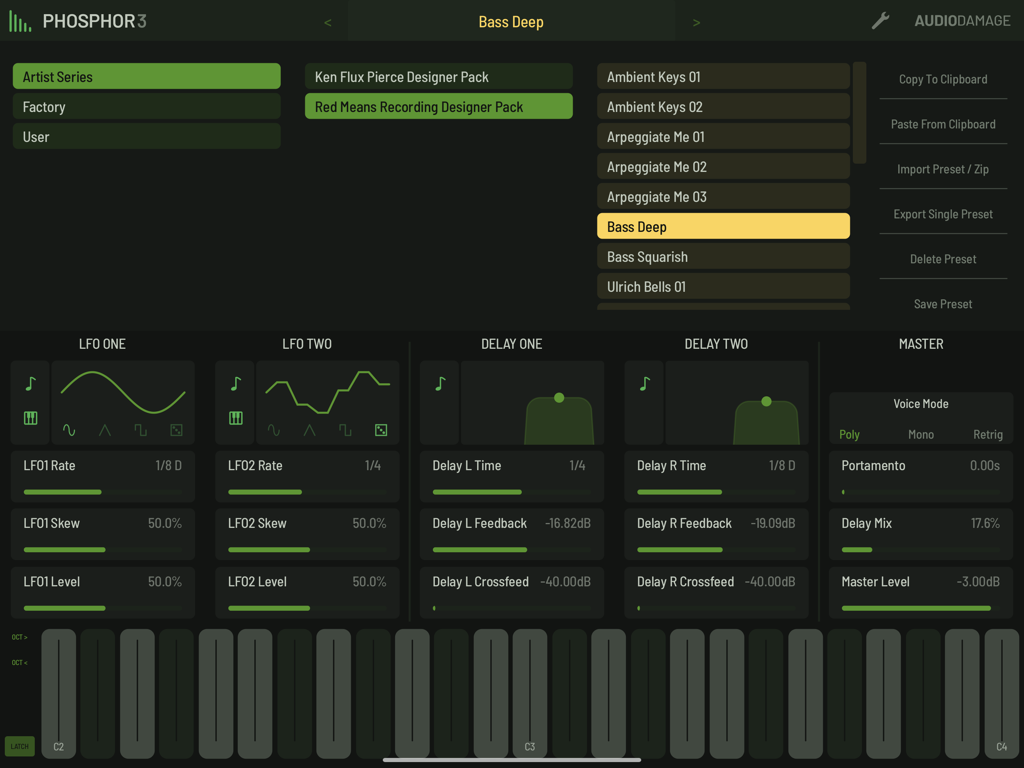 Phosphor 3 - Interfaz de la aplicación sintetizador Phosphor 3 mostrando el navegador de presets y ajustes de modulación