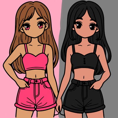 two sisters with crop tops and jean shorts and straight hair