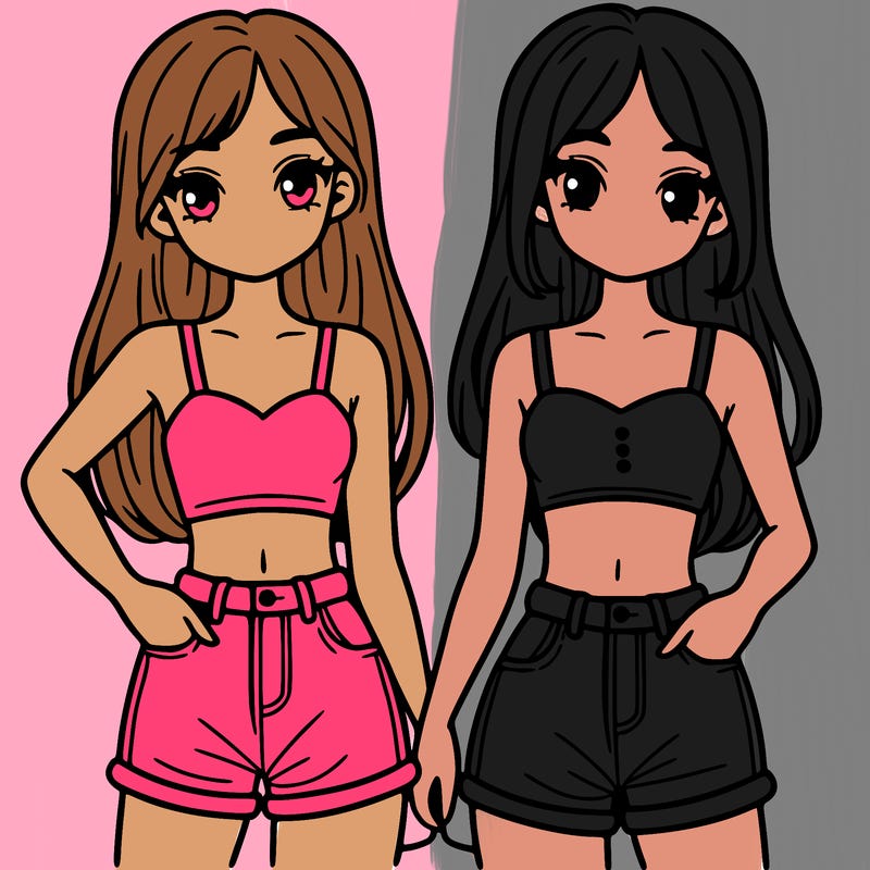 two sisters with crop tops and jean shorts and straight hair