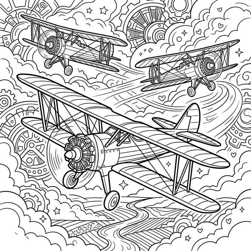 Embark on an exciting journey through the clouds with this dynamic biplane coloring page, designed especially for teens. Immerse yourself in intricate details, from classic aircraft to swirling skies and cool steampunk elements, promising hours of creative fun.