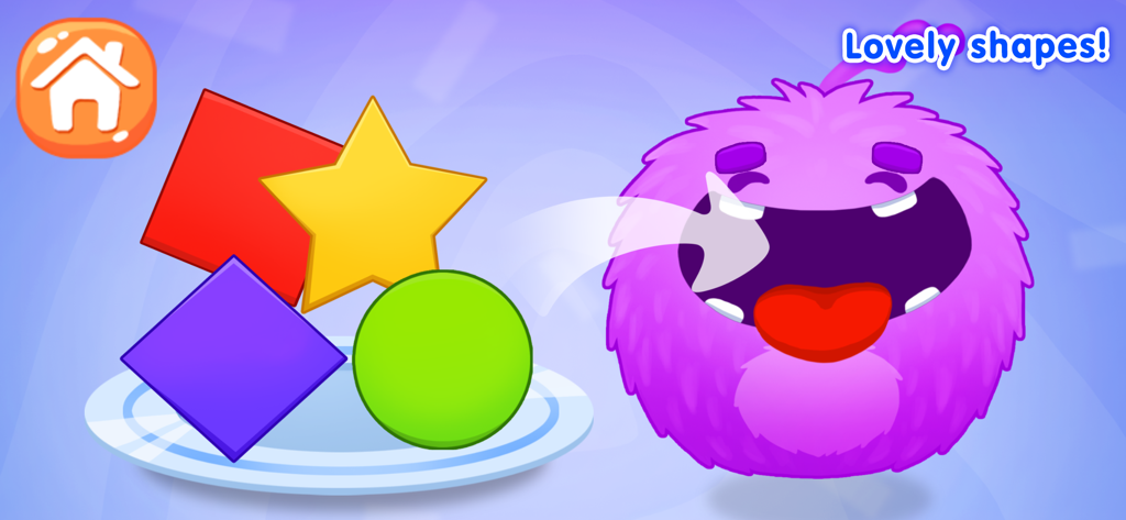 Ein süßes lila Monster, das in einem Lernspiel für Kleinkinder mit bunten geometrischen Formen auf einem Teller gefüttert wird