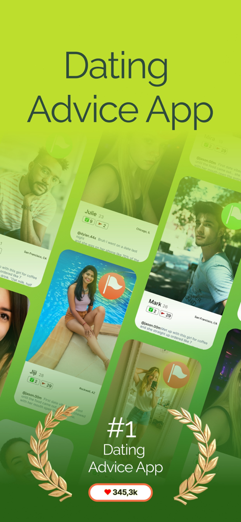 Promotional screen for the Matcha Dating Advice App displaying profile cards with red and green flag conversation scores.
