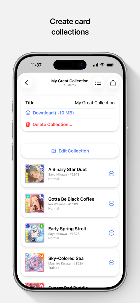 Greatdori! - Interfaz de la aplicación Greatdori que muestra una colección personalizada de cartas de personajes