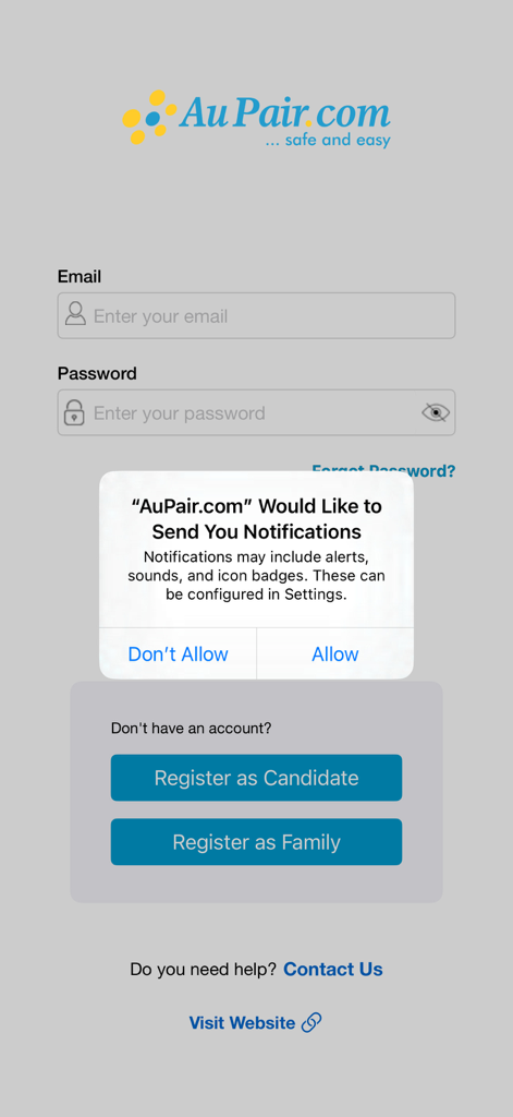 AuPair.com - Login and registration page of the AuPair app for families and candidates