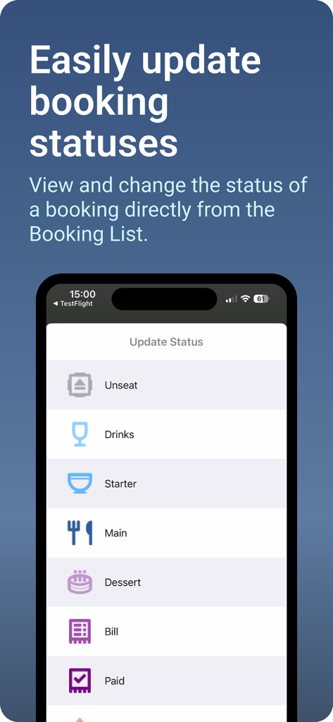 Interface showing restaurant booking status updates for meal courses and billing