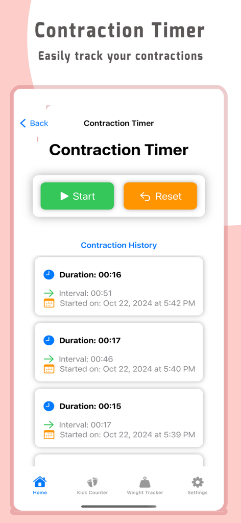DueDate:Pregnancy week by week - Captura de pantalla del temporizador de contracciones de la aplicación DueDate que muestra una lista del historial de duraciones e intervalos de contracciones