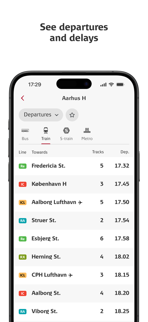 Real-time train departure board and schedule for Aarhus station in the DSB app.