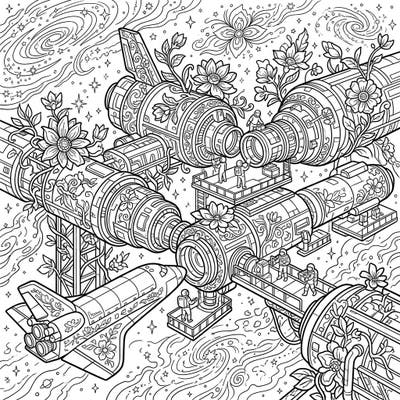 Blast off into a world where futuristic space docking ports meet the fresh beauty of spring! This intricate coloring page invites you to add vibrant hues to blossoming spacecraft and busy astronauts amidst a cosmic garden.
