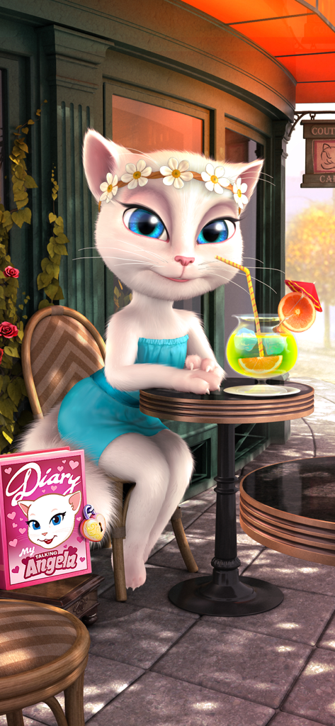 Talking Angela - Talking Angela wearing a flower crown and blue dress while sitting at a Parisian cafe