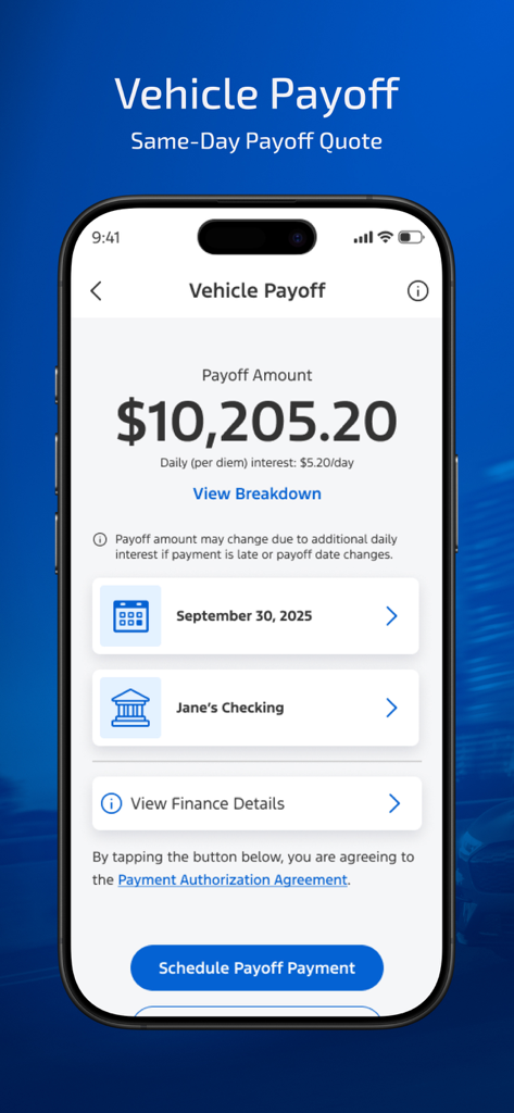 Ford Credit app vehicle payoff screen displaying a payoff amount quote and scheduling options