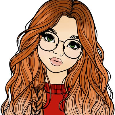 girl with long hair and freckles and glasses realistic