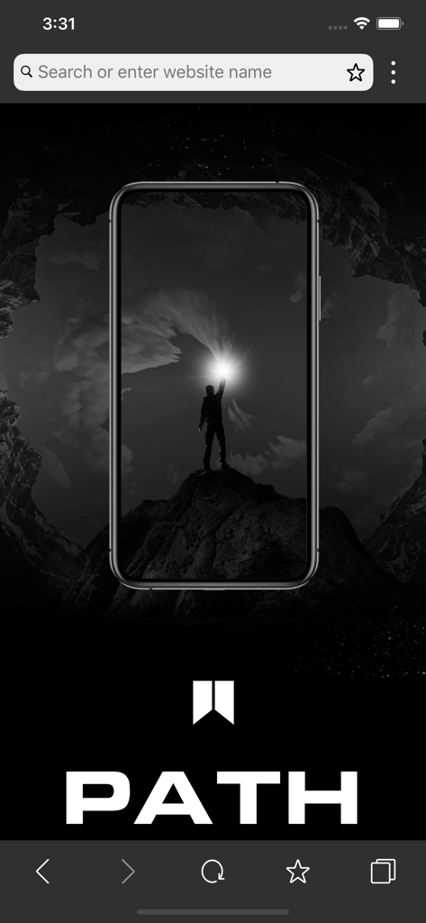 Path Browser app home screen showing a search bar and brand logo over an artistic background