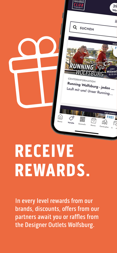 Designer Outlets Wolfsburg - Bildschirm der App der Designer Outlets Wolfsburg, der Prämien und Vorteile des Insider Clubs hervorhebt