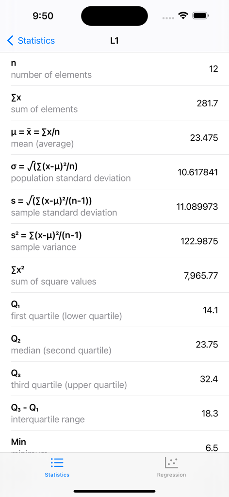 Statistics Calculator++ - A summary screen from the Statistics Calculator++ app showing calculated values for mean, standard deviation, variance, and quartiles.