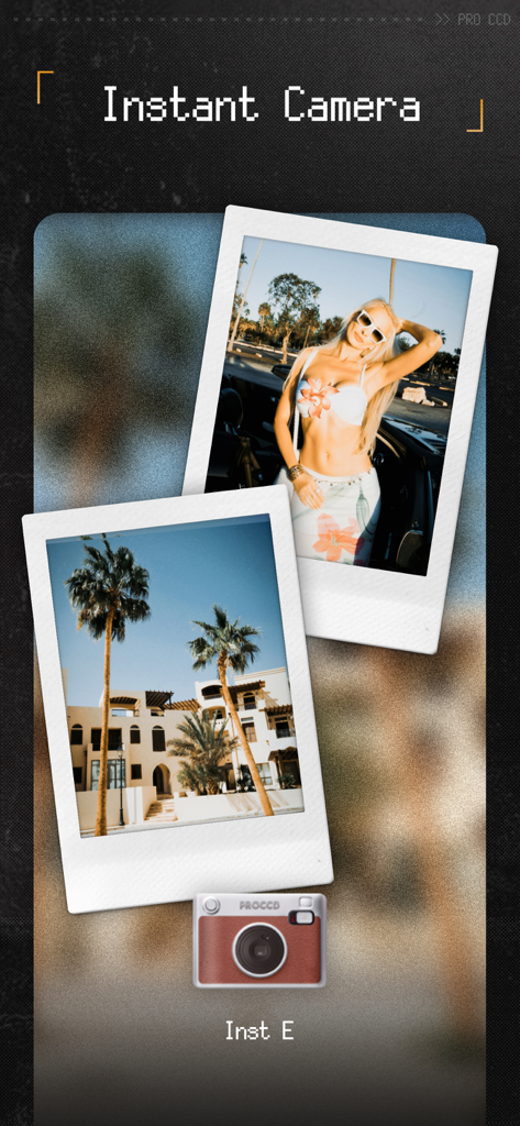 Deux photos style polaroid montrant des filtres d'appareils photo vintage dans l'application ProCCD