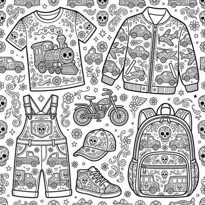 Get ready for a vibrant coloring adventure with our Day of the Dead Vehicle Fashion page! Discover intricate designs of clothing and accessories, each decorated with cool vehicles and traditional sugar skull patterns.