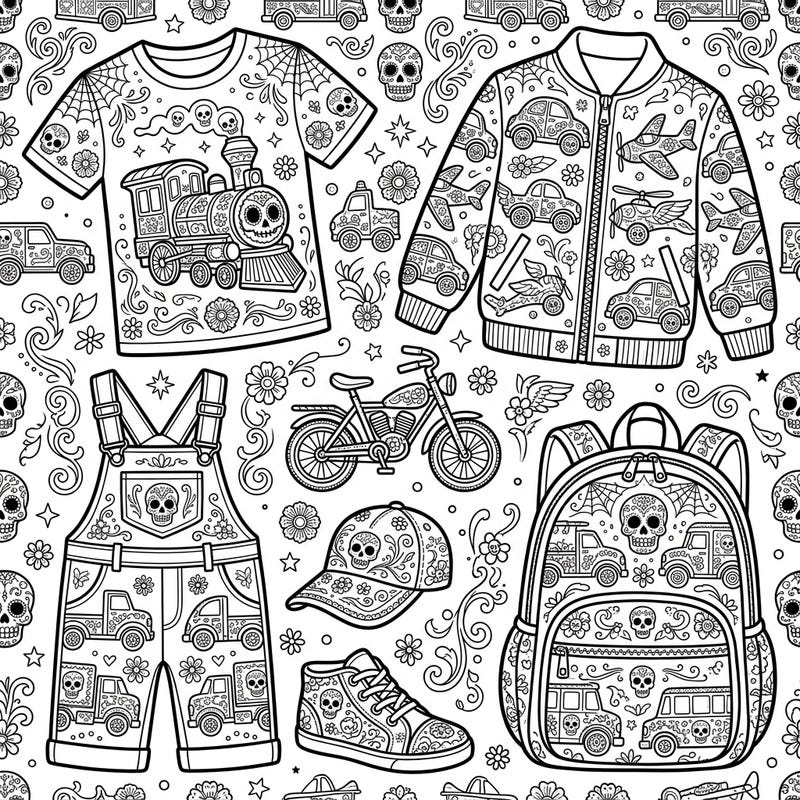 Get ready for a vibrant coloring adventure with our Day of the Dead Vehicle Fashion page! Discover intricate designs of clothing and accessories, each decorated with cool vehicles and traditional sugar skull patterns.
