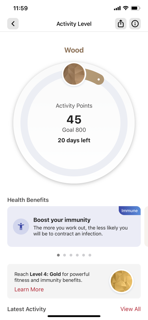 Tela de acompanhamento do nível de atividade do aplicativo World Gym com pontos, metas e benefícios para a saúde