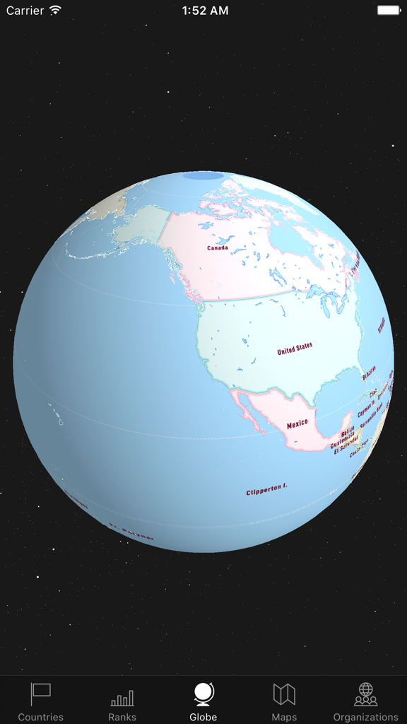 An interactive 3D globe within the WorldABC app displaying North America with labels for Canada, the United States, and Mexico.