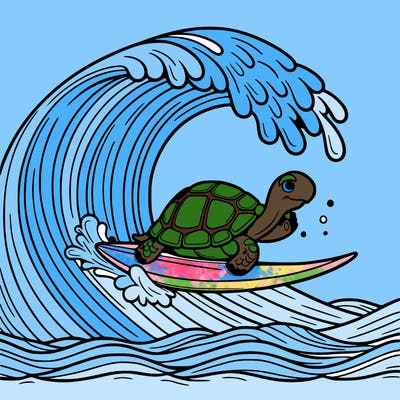 a tortoise surfing on a giant wave