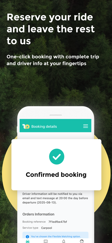 Mobile screen showing a confirmed trip booking notification on the Tripool app against a forest background.