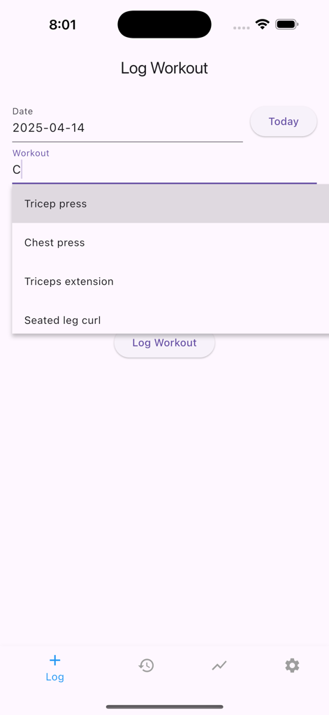 Log workout interface of the Simply Workout Tracking app showing exercise search suggestions