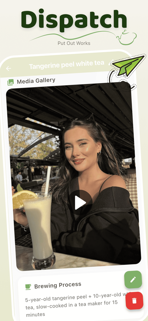 SeeTi - Video & Space - Screenshot of SeeTi app showing a user dispatching a video post about brewing tangerine peel white tea.