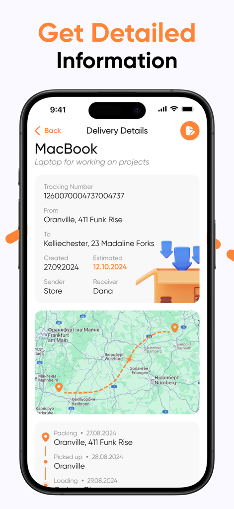Package & Shipping Tracker App - Detailed delivery information screen showing shipment route on a map and tracking history.