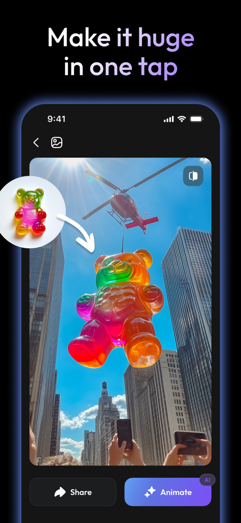Nufa app interface displaying a creative AI effect of a giant gummy bear in a city skyline.