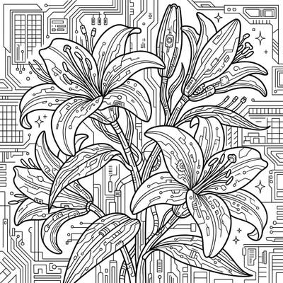 Explore a fusion of nature and technology with this captivating Stargazer Lilies Cyberpunk coloring page. Its intricate details and futuristic aesthetic promise a truly engaging artistic journey for all ages.