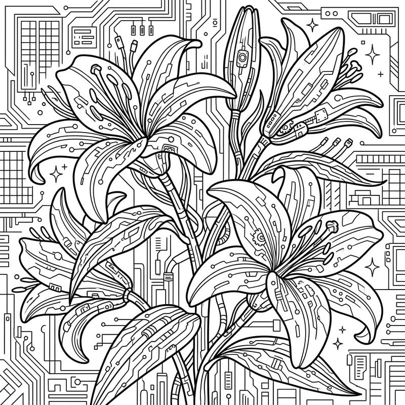 Explore a fusion of nature and technology with this captivating Stargazer Lilies Cyberpunk coloring page. Its intricate details and futuristic aesthetic promise a truly engaging artistic journey for all ages.