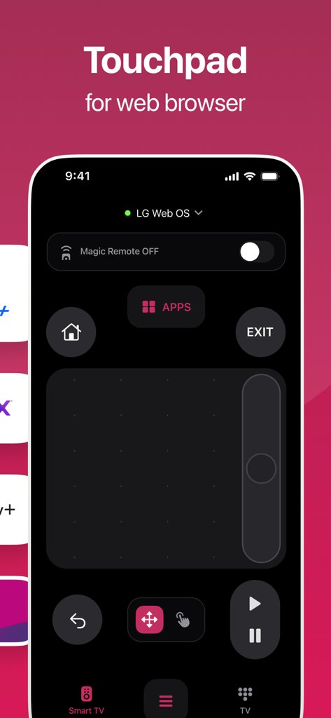 Tela de smartphone exibindo a interface do touchpad para navegação no navegador web em uma TV LG Smart