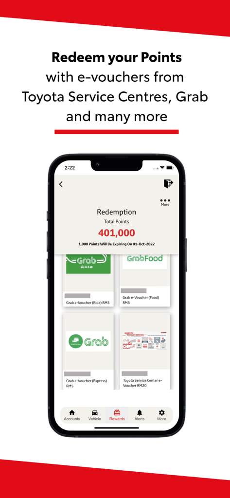 Toyota Capital EZ Connect app rewards redemption screen showing points balance and available e-vouchers for Grab and Toyota service