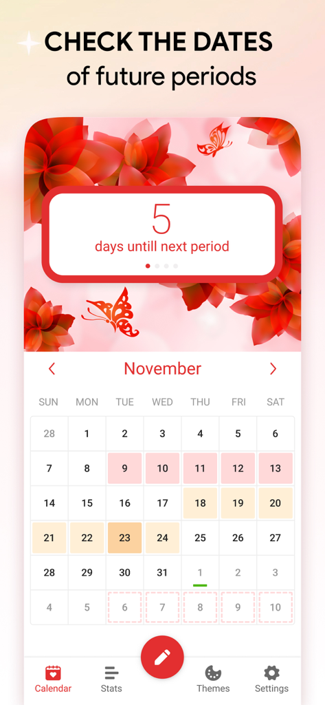 Cycle Tracker: Period Calendar - Cycle Tracker app interface showing a monthly calendar with period and ovulation predictions